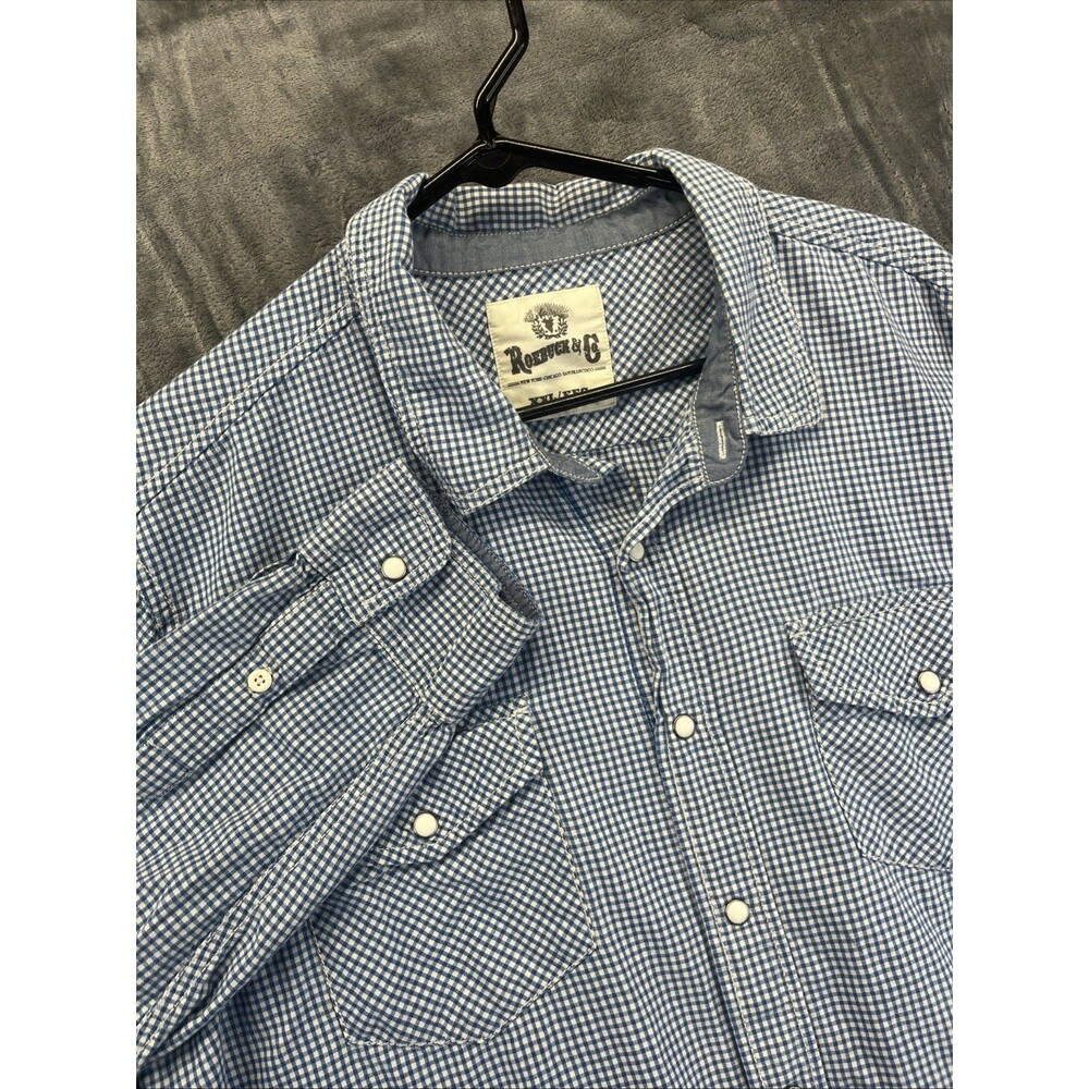 Roebucks Co Shirt Mens XXL Blue White Gingham Plaid Western Snap